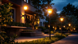 A photograph of a beautifully illuminated outdoor space featuring solar pole lamps in action