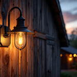A photograph of a beautifully designed exterior barn light fixture illuminating a rustic barn setting at dusk
