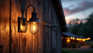 A photograph of a beautifully designed exterior barn light fixture illuminating a rustic barn setting at dusk