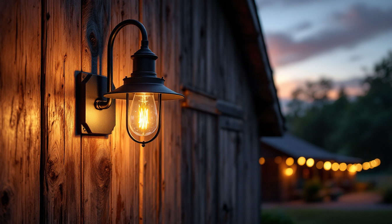 A photograph of a beautifully designed exterior barn light fixture illuminating a rustic barn setting at dusk