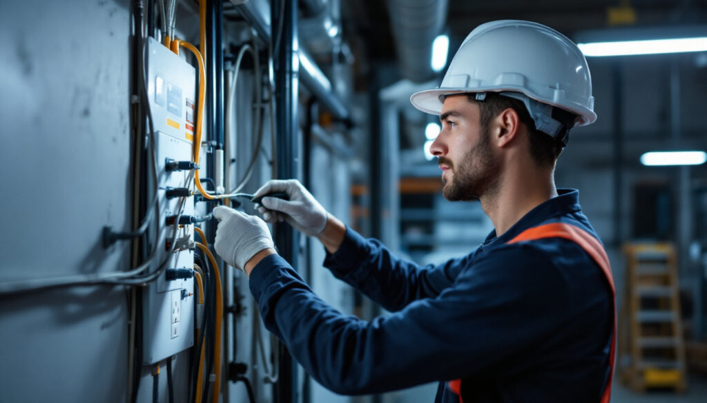 A photograph of a lighting contractor inspecting an industrial dryer outlet