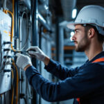 A photograph of a lighting contractor inspecting an industrial dryer outlet