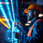 A photograph of a lighting contractor examining a vibrant led installation in a commercial space