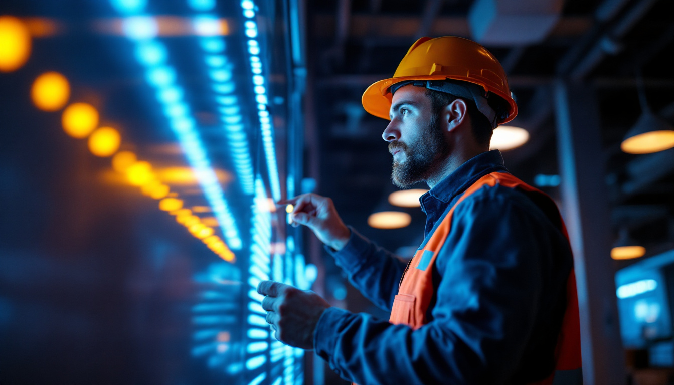 A photograph of a lighting contractor examining a vibrant led installation in a commercial space