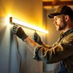 A photograph of a skilled lighting contractor expertly installing a magnetic led light strip in a stylish interior setting