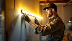 A photograph of a skilled lighting contractor expertly installing a magnetic led light strip in a stylish interior setting