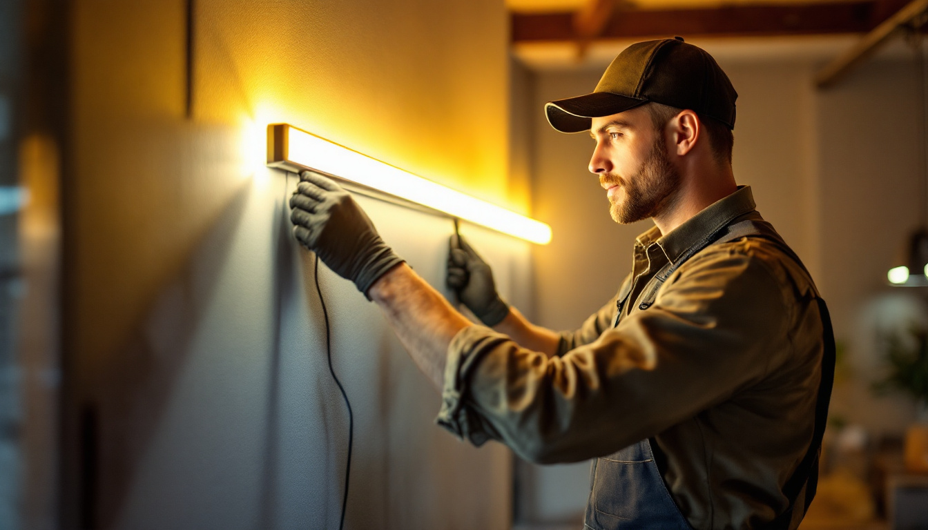 A photograph of a skilled lighting contractor expertly installing a magnetic led light strip in a stylish interior setting