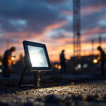 A photograph of a solar-powered flood light illuminating a construction site at dusk
