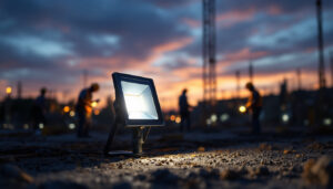 A photograph of a solar-powered flood light illuminating a construction site at dusk