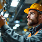 A photograph of a lighting contractor inspecting or installing ballast lighting in a commercial setting
