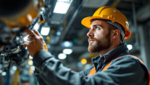 A photograph of a lighting contractor inspecting or installing ballast lighting in a commercial setting