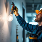 A photograph of a professional electrician or maintenance worker replacing a light bulb in a commercial setting