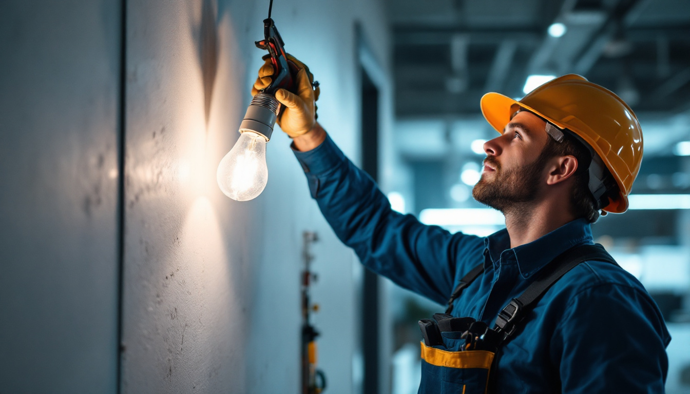 A photograph of a professional electrician or maintenance worker replacing a light bulb in a commercial setting