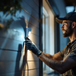 A photograph of a lighting contractor installing or adjusting an automatic light sensor in a residential or commercial setting