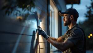 A photograph of a lighting contractor installing or adjusting an automatic light sensor in a residential or commercial setting