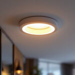 A photograph of a modern recessed can light with an led retrofit installed in a stylish home setting