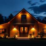 A photograph of a beautifully lit barn exterior at dusk