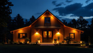 A photograph of a beautifully lit barn exterior at dusk