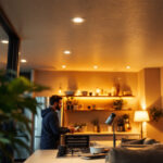 A photograph of a well-lit interior space featuring recessed can lighting
