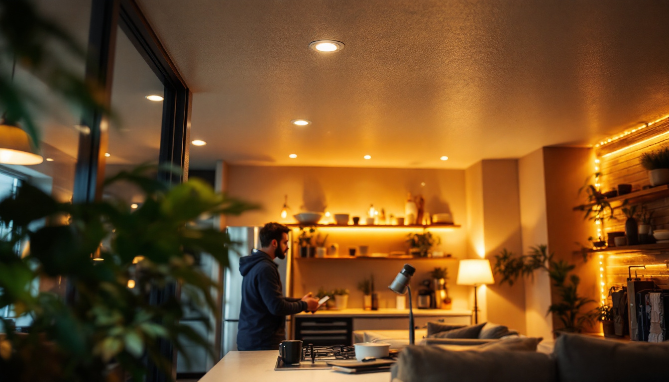 A photograph of a well-lit interior space featuring recessed can lighting