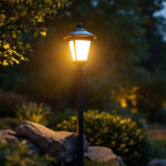 A photograph of a beautifully illuminated solar lamp post in a landscaped outdoor setting at dusk