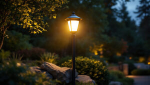 A photograph of a beautifully illuminated solar lamp post in a landscaped outdoor setting at dusk