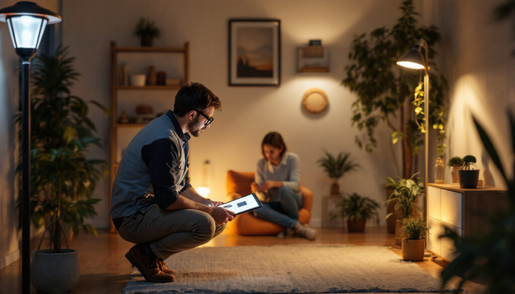 A photograph of a well-lit indoor space featuring stylish solar lamps in use