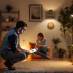 A photograph of a well-lit indoor space featuring stylish solar lamps in use