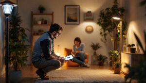 A photograph of a well-lit indoor space featuring stylish solar lamps in use