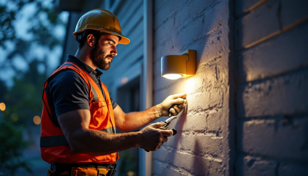 A photograph of a lighting contractor installing a motion sensor security light in a residential setting