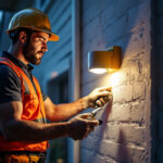 A photograph of a lighting contractor installing a motion sensor security light in a residential setting