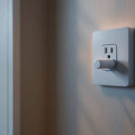 A photograph of a standard electrical outlet in a modern home setting
