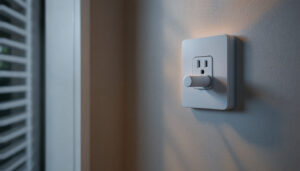 A photograph of a standard electrical outlet in a modern home setting