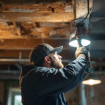A photograph of a skilled electrician or technician installing led retrofit lighting in a commercial space