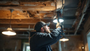 A photograph of a skilled electrician or technician installing led retrofit lighting in a commercial space