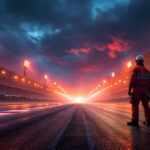 A photograph of a dynamic race track scene featuring vibrant starting lights in action