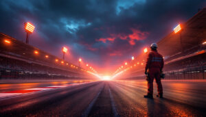 A photograph of a dynamic race track scene featuring vibrant starting lights in action