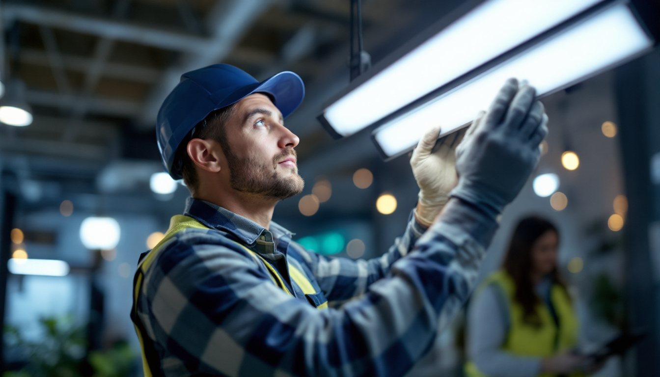 A photograph of a lighting contractor installing or examining four-foot led lights in a commercial or residential setting