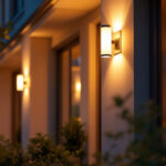 A photograph of a beautifully illuminated outdoor space featuring stylish wall mount light fixtures installed on a home or commercial building