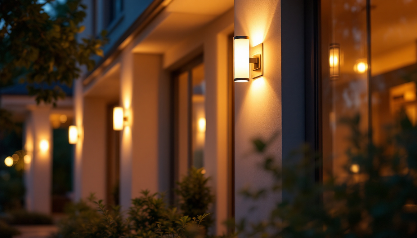 A photograph of a beautifully illuminated outdoor space featuring stylish wall mount light fixtures installed on a home or commercial building