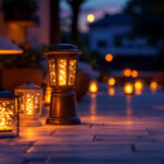 A photograph of a beautifully illuminated outdoor space featuring various styles of solar-powered lanterns