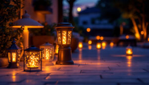 A photograph of a beautifully illuminated outdoor space featuring various styles of solar-powered lanterns