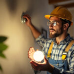 A photograph of a lighting contractor installing solar led bulbs in a residential or commercial setting