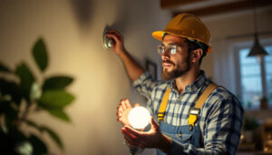 A photograph of a lighting contractor installing solar led bulbs in a residential or commercial setting