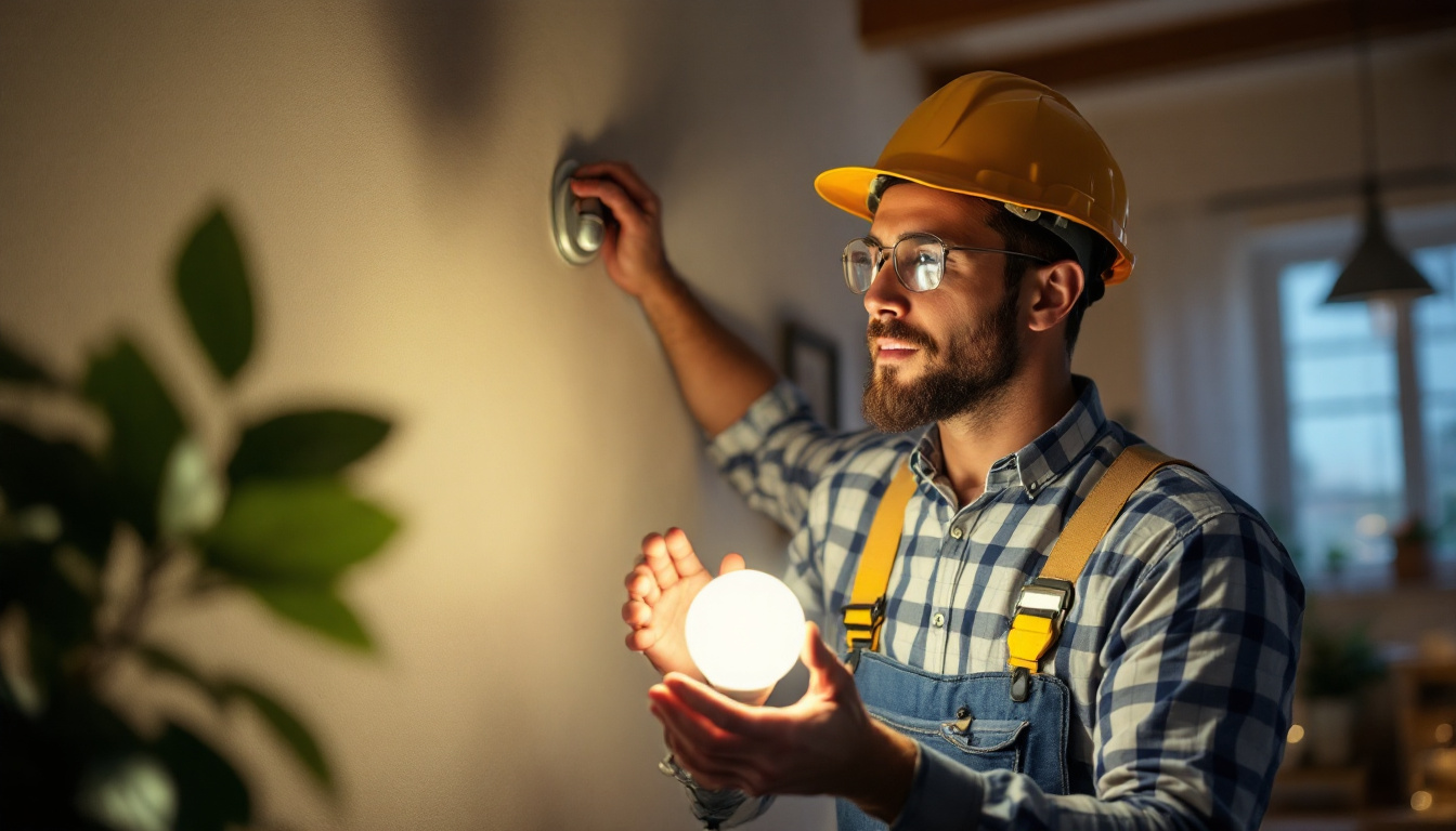 A photograph of a lighting contractor installing solar led bulbs in a residential or commercial setting