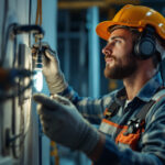 A photograph of a skilled lighting contractor installing a modern electricity receptacle in a well-lit workspace