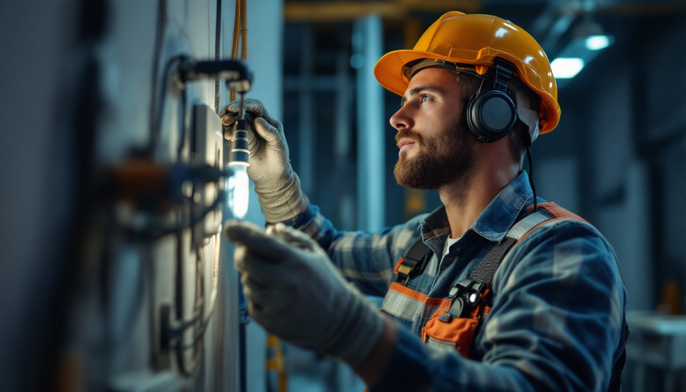 A photograph of a skilled lighting contractor installing a modern electricity receptacle in a well-lit workspace