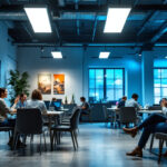 A photograph of a well-lit commercial space featuring a 2x4 led troffer installation
