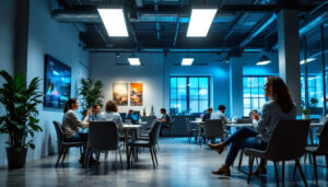 A photograph of a well-lit commercial space featuring a 2x4 led troffer installation