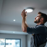 A photograph of a skilled lighting contractor installing recessed fixtures in a modern home